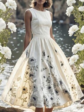 Chillinen/Linen Vibes Elegant White Floral A-Line Midi Dress